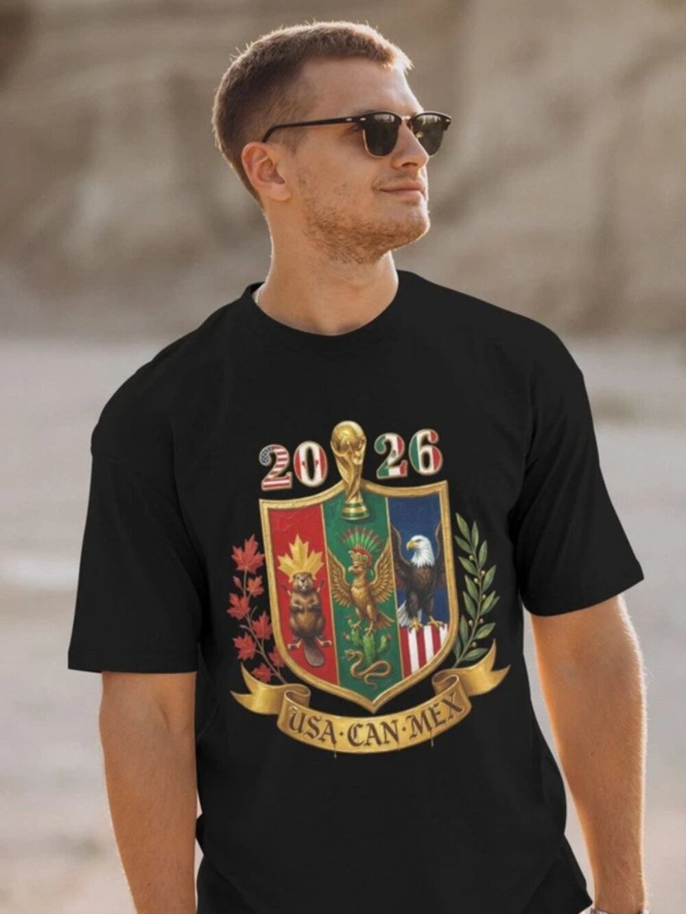 World Cup 2026 USA Canada Mexico Crest Graphic Black T-Shirt